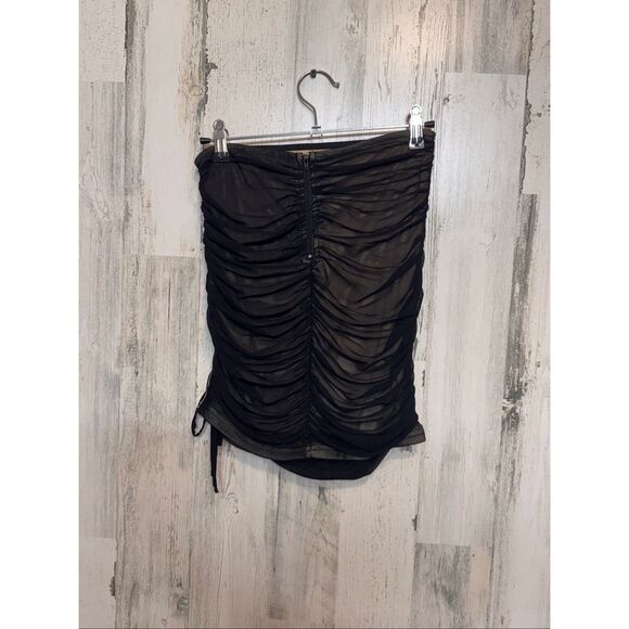 Privy Windsor Black Mesh Ruched Mini Skirt | Sheer Overlay Nude Lining Bodycon S - Picture 5 of 10